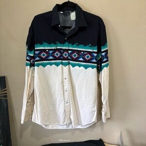 Panhandle Slim Navy and Cream Southwestern Pearl Snap Shirt Sz L Aztec Western
